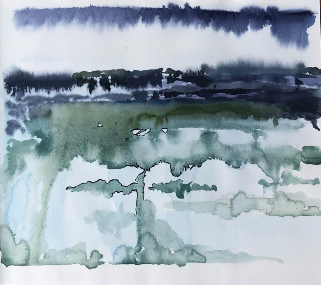 a watercolour painting showing a landscape in blue and green tones.