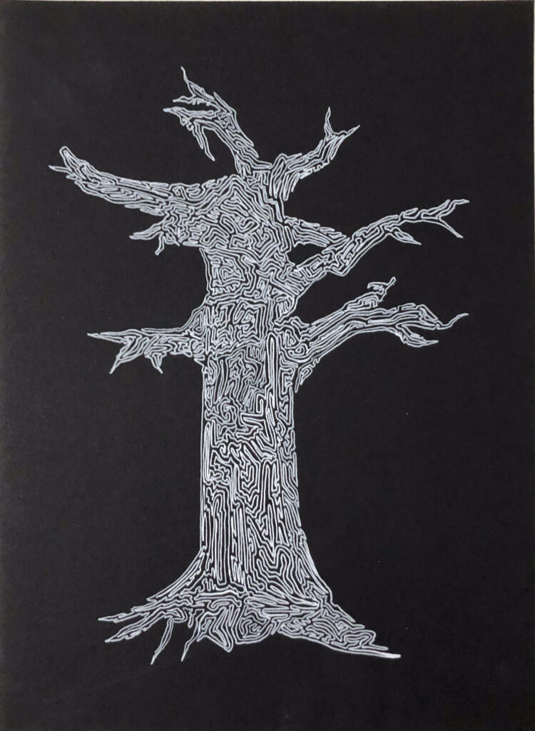 Tree drawn with one line, without settling, on black clay paper.