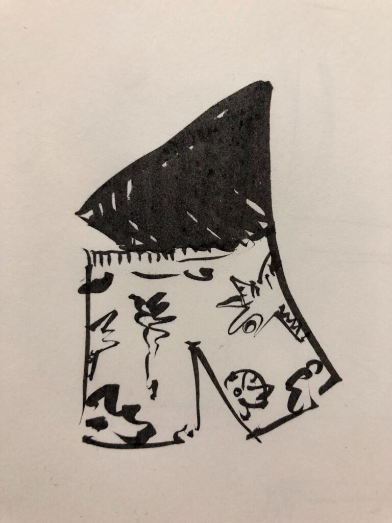 sketch in ink of a black triangle in bermuda shorts