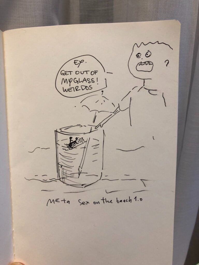 comic with a glass (cocktail) on the beach with copulating stick figures in it